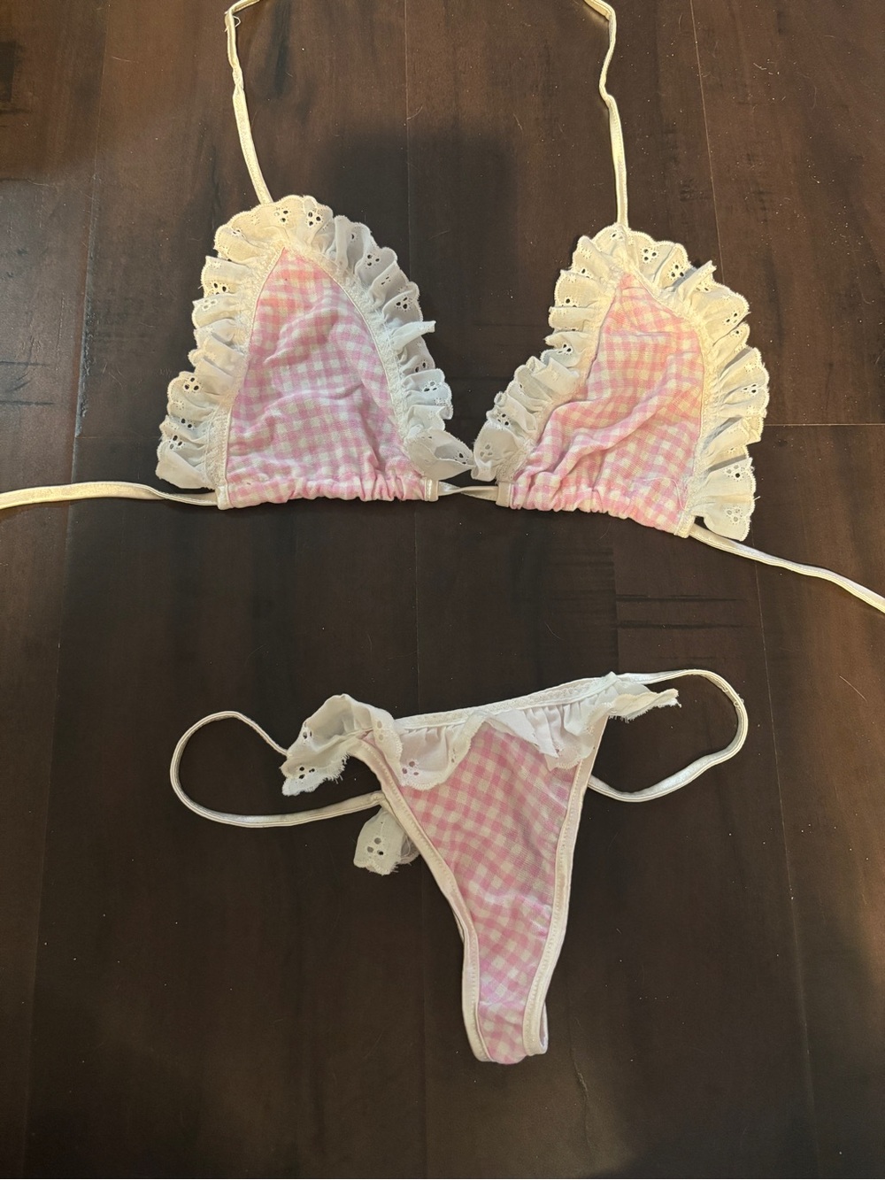 Vintage 1980’s pink white gingham eyelet cotton bikini small